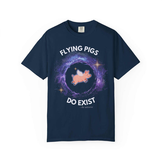 Navy blue t-shirt with a graphic of a flying pig in a galaxy.