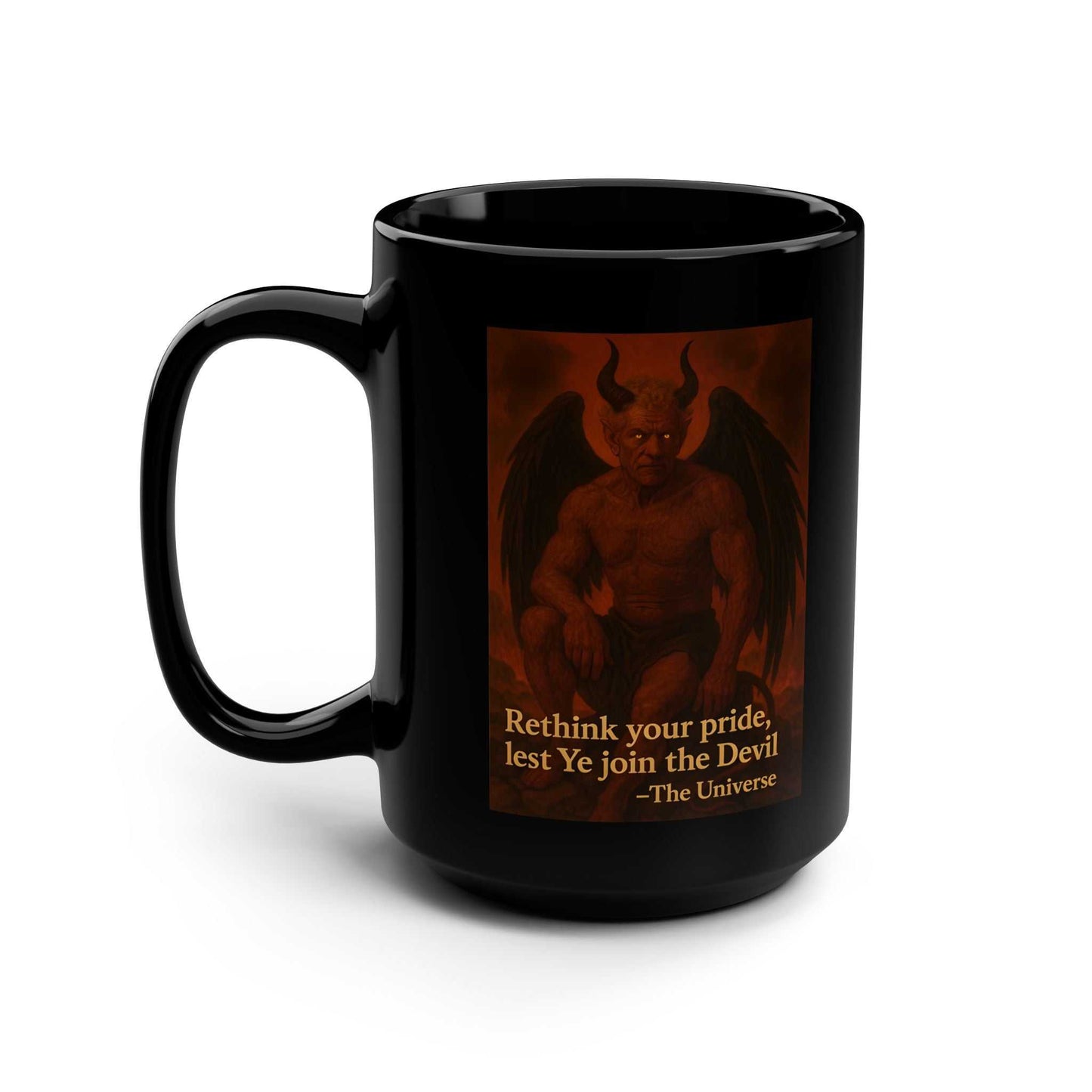 Black mug featuring horned, winged devil illustration with motivational quote, Youniverses