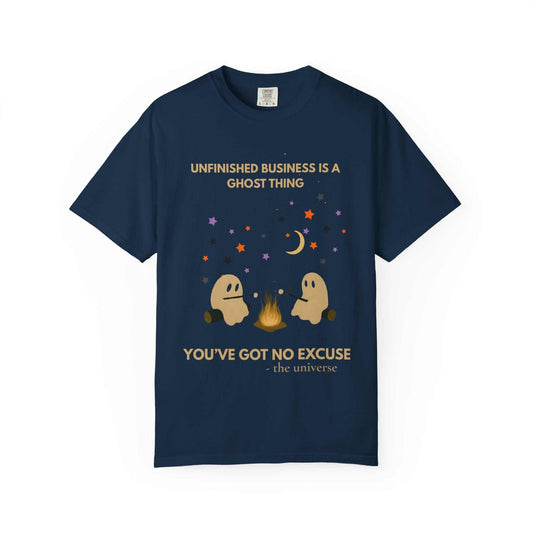 Navy blue Comfort Colors t-shirt with ghosts around a campfire and text.
