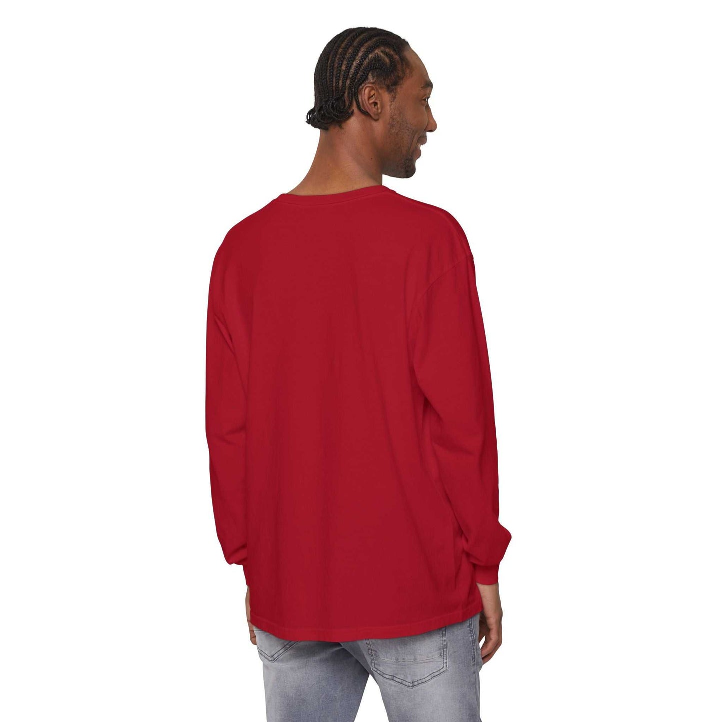 Man wearing a red Comfort Colors long sleeve tee shirt seen from the back ready for battle style