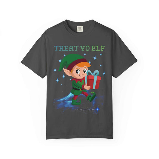 A dark grey t-shirt with a cartoon elf holding a gift and the text "Treat Yo Elf".