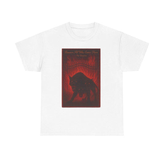 White unisex heavy cotton T-shirt featuring dark red Cerberus Guard mythical creature design