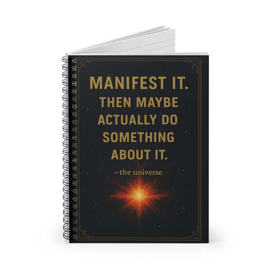 Manifest It Spiral Notebook with gold lettering and motivational quote on matte black cover, spiral bound journal for productivity and planning