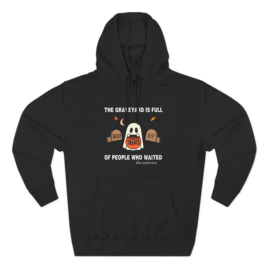 Black unisex fleece hoodie with a spooky Halloween ghost and graveyard graphic.
