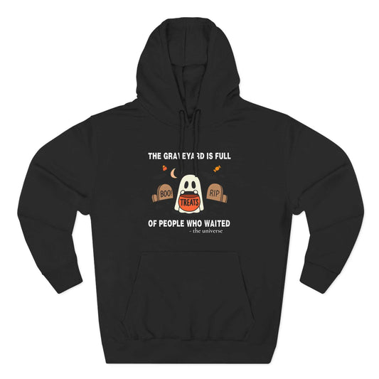 Black unisex fleece hoodie with a spooky Halloween ghost and graveyard graphic.