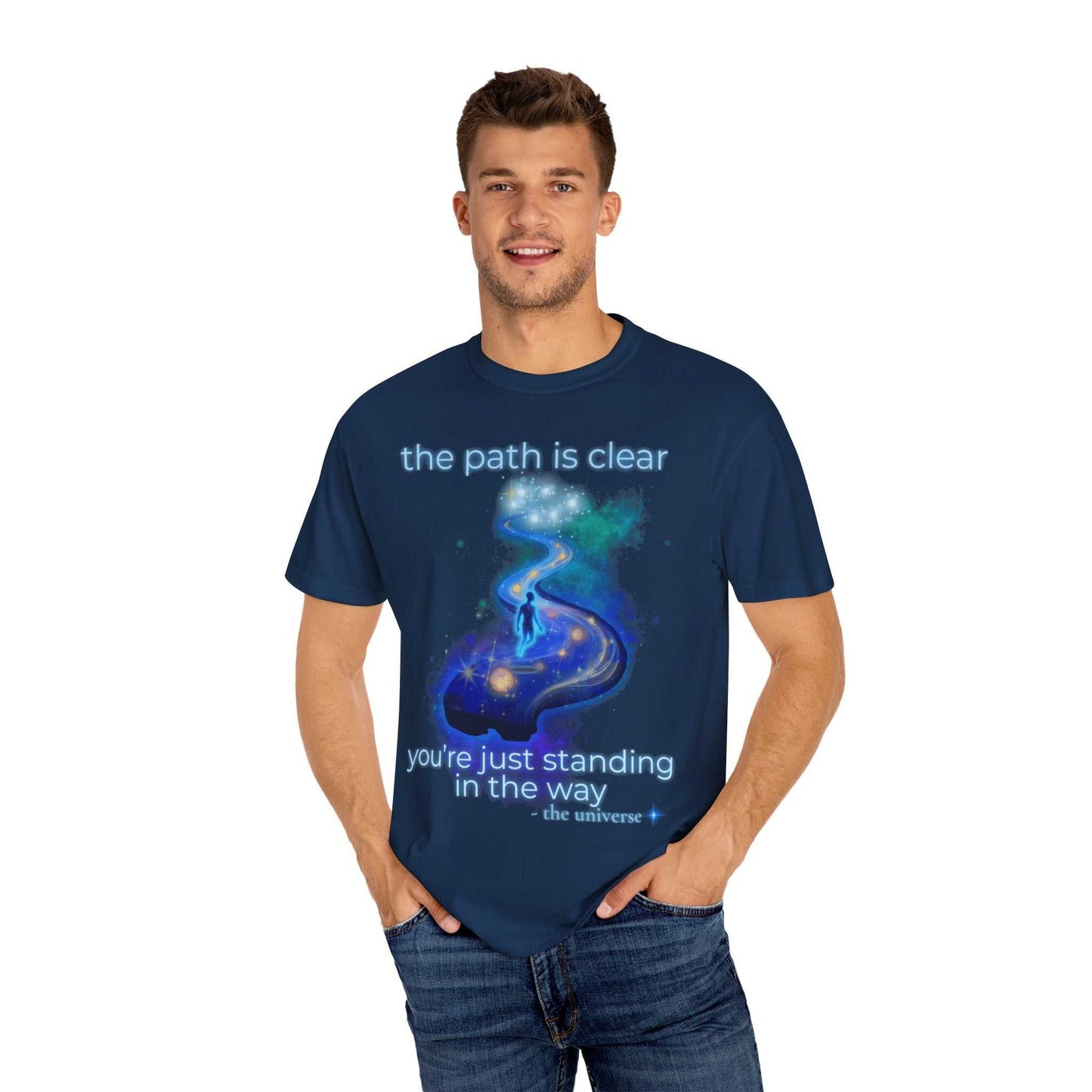 Man wearing navy blue Spiritual Path Graphic T-Shirt with cosmic path design and inspirational text