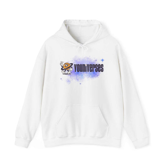 White Youniverses hoodie with a cosmic astronaut graphic and nebula design.