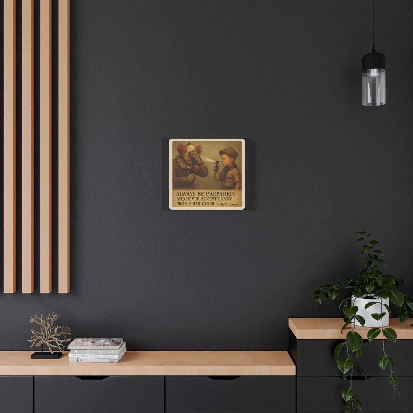 Modern interior with dark wall, wooden shelf, decorative plant, and vintage safety sign art.