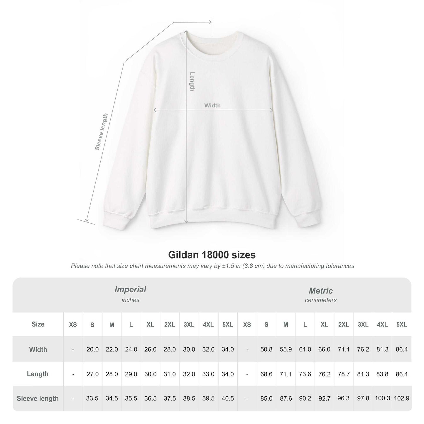 Gildan 18000 size chart for sweatshirt width, length, and sleeve length in imperial and metric units.