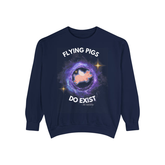 Navy sweatshirt with a graphic of a flying pig in space.