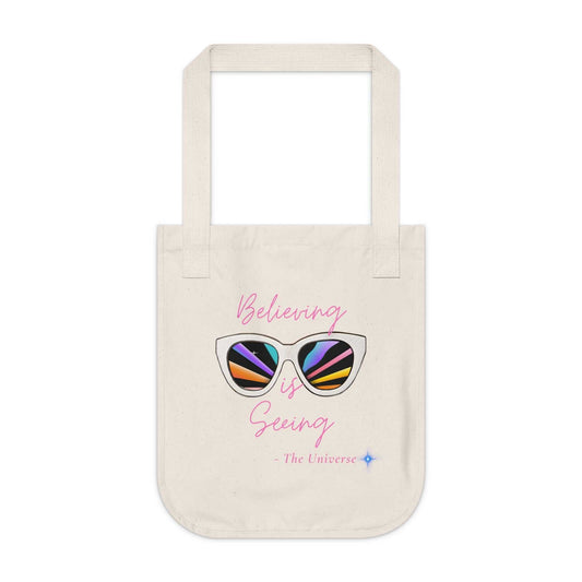 Tote Bag — "Believing is Seeing" Sunglasses Graphic Organic Canvas Tote