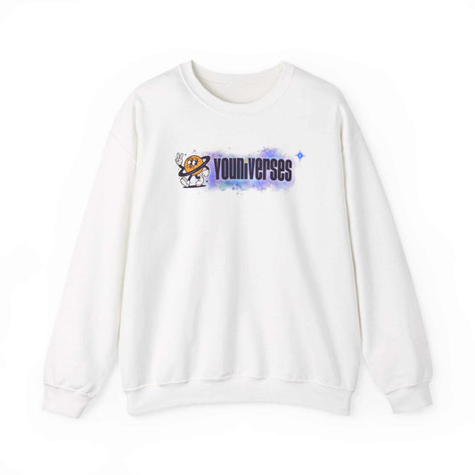 White crewneck sweatshirt with Youniverses space logo graphic featuring a retro astronaut and watercolor nebula design