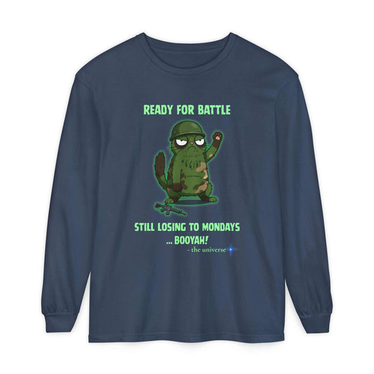 Comfort Colors long sleeve tee with ready for battle cactus graphic and humorous Monday slogan in green text