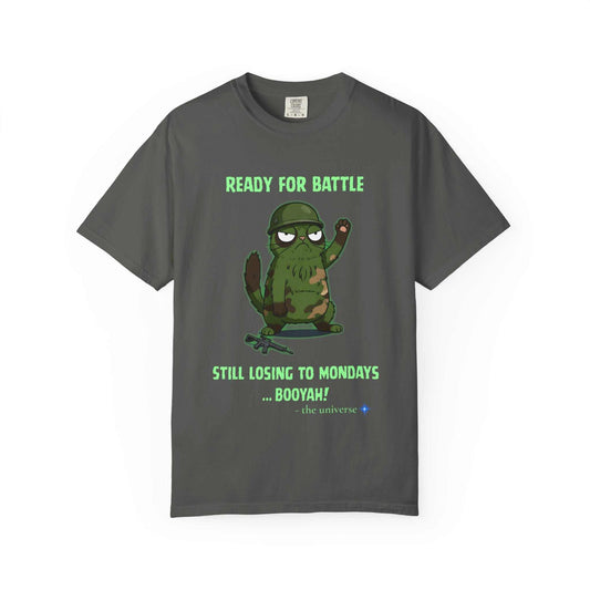 Funny military sloth graphic t-shirt with "Ready for battle still losing to Mondays" text in garment dyed soft cotton