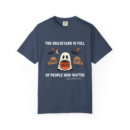 Comfort Colors® unisex Halloween t-shirt with a ghost and tombstone graphic.