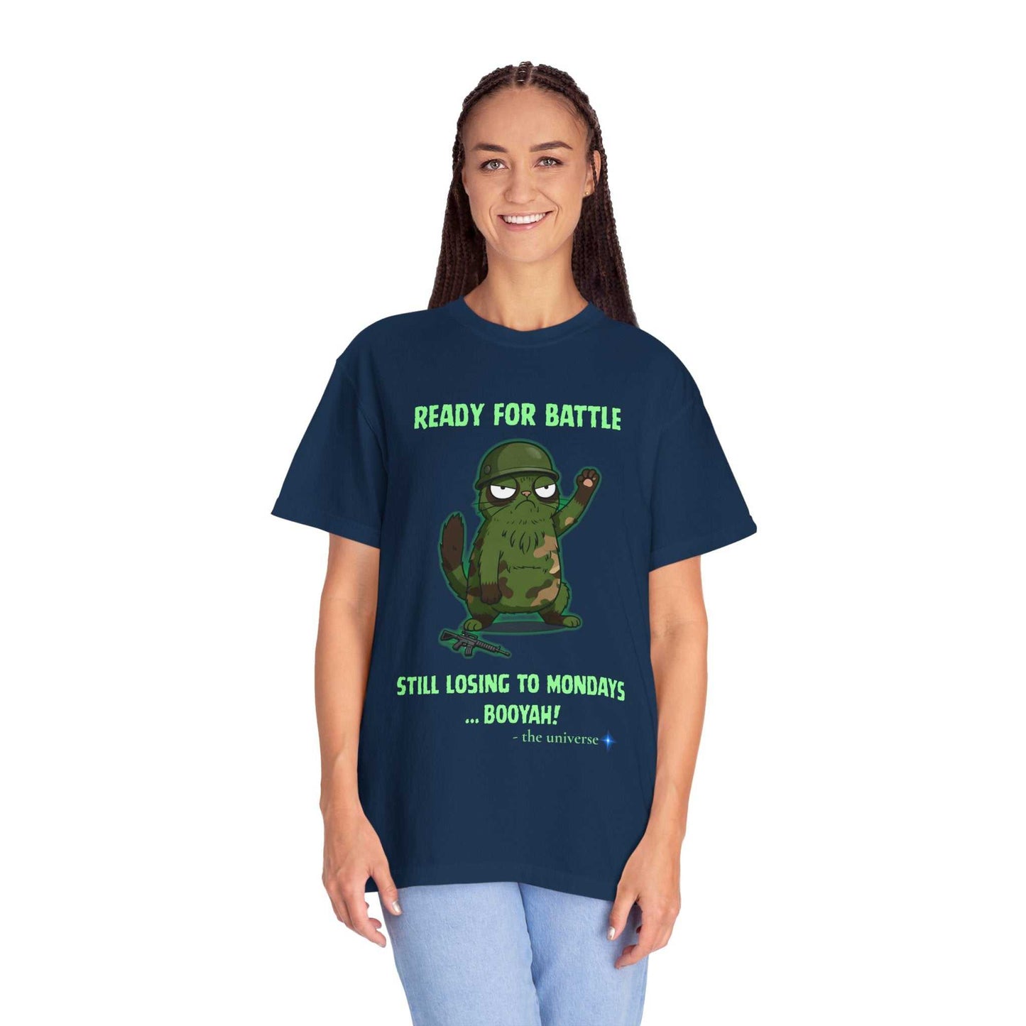 Woman wearing navy Comfort Colors® garment dyed funny military sloth graphic t-shirt with "Ready for battle still losing to Mondays" text