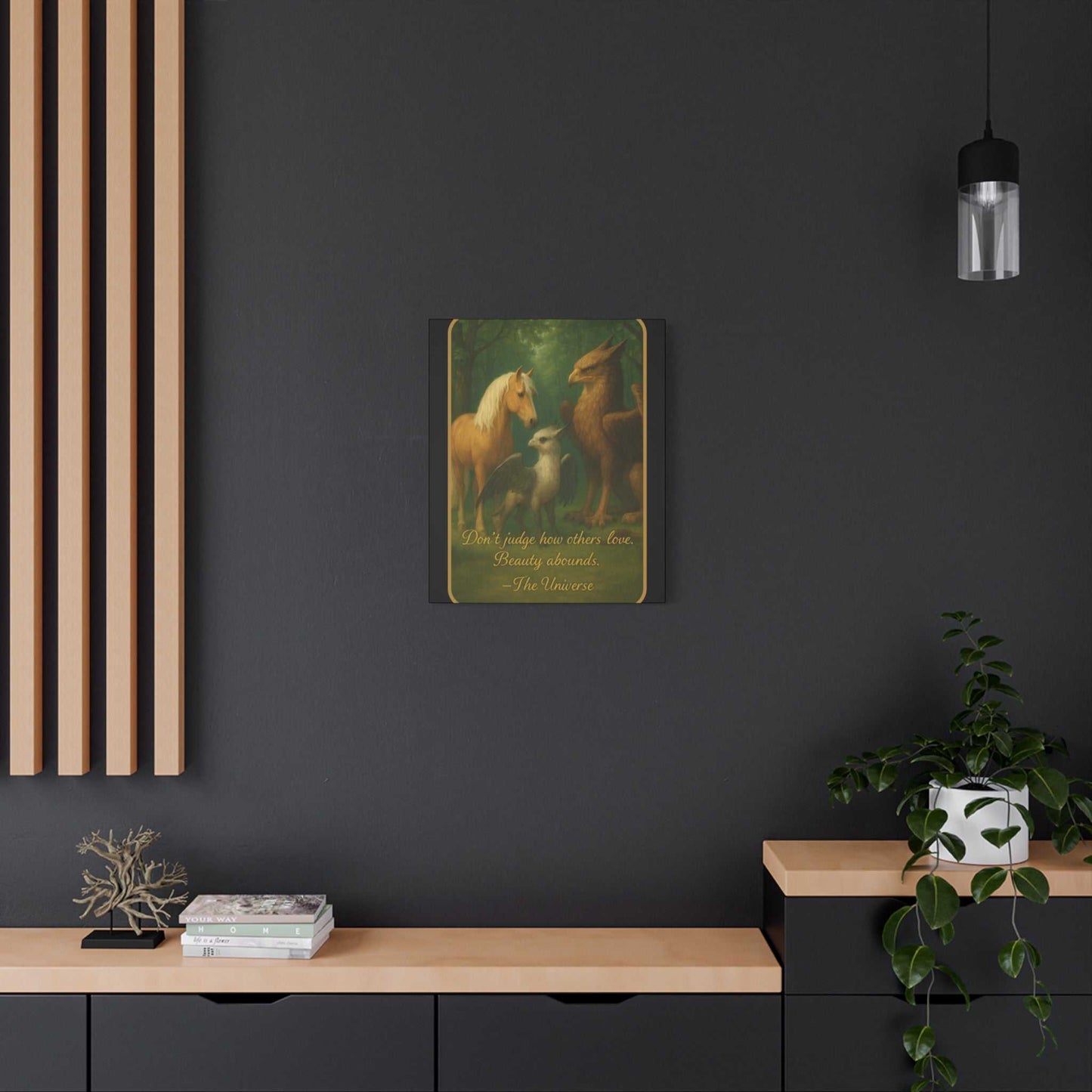 Fantasy animal art print with inspirational quote on modern dark wall above minimalist sideboard