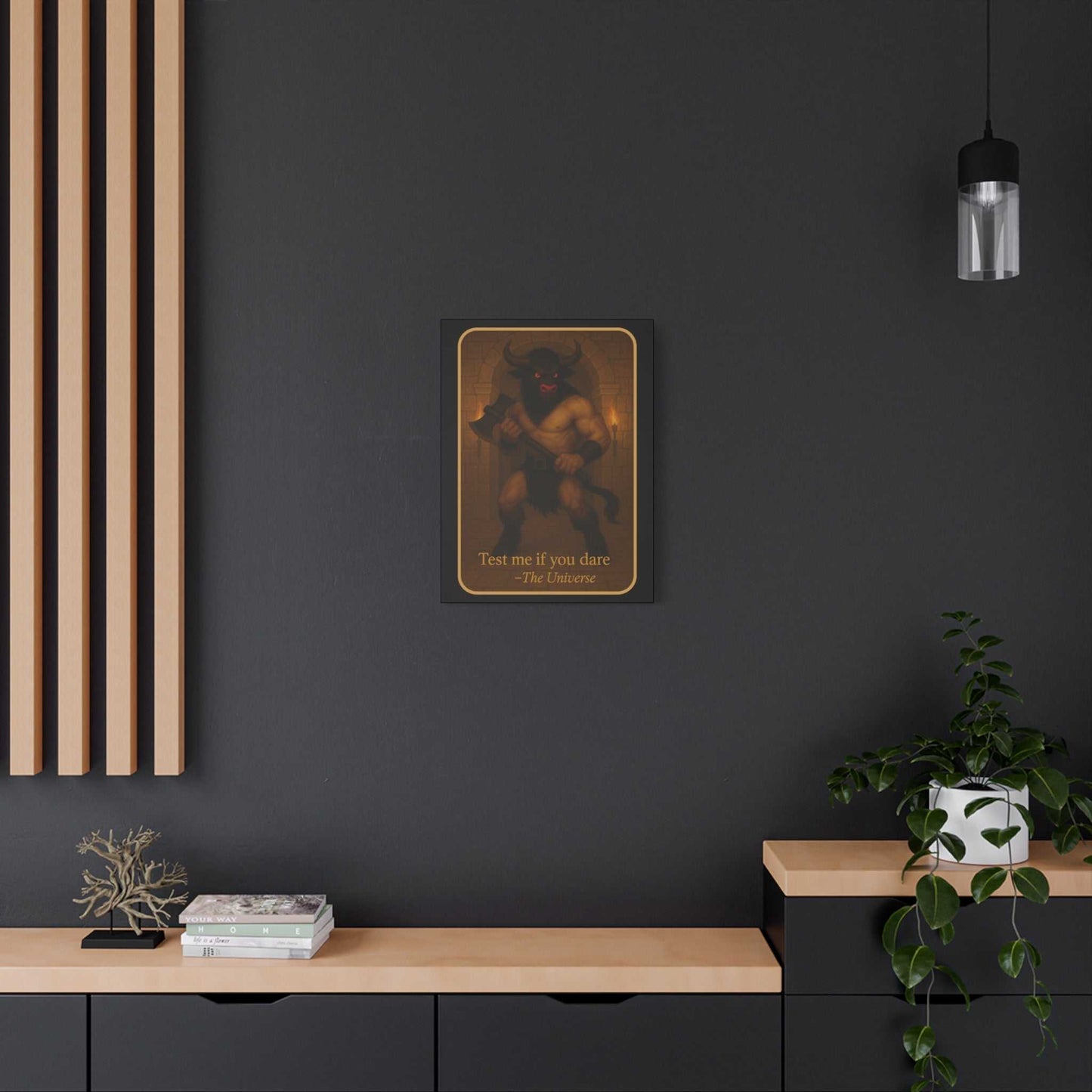 Minotaur art print with 'Test me if you dare' quote on modern dark wall, home decor from Youniverses