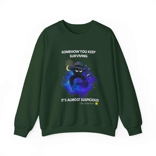 Funny Detective Sweatshirt – “It’s Almost Suspicious” Cosmic Crewneck, Unisex Black Pullover, Sarcastic Universe Gift for Mystery Lovers