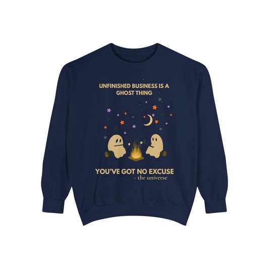 Navy blue sweatshirt with ghosts around a campfire and Halloween-themed text.