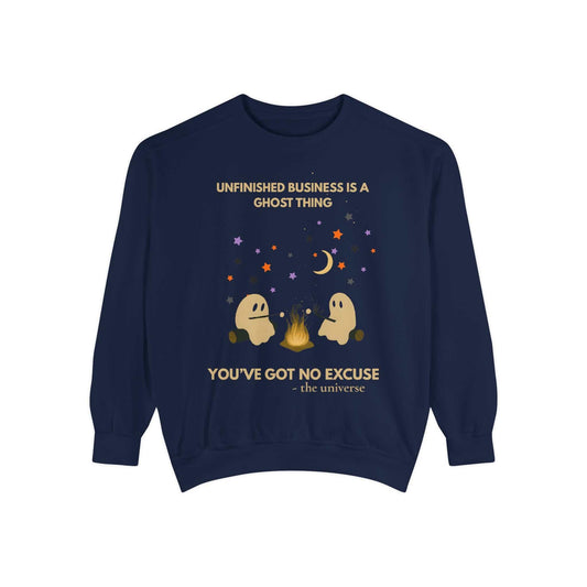 Navy blue sweatshirt with ghosts around a campfire and Halloween-themed text.