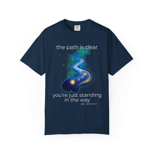 Navy blue Youniverses t-shirt with spiritual path graphic and inspirational quote.