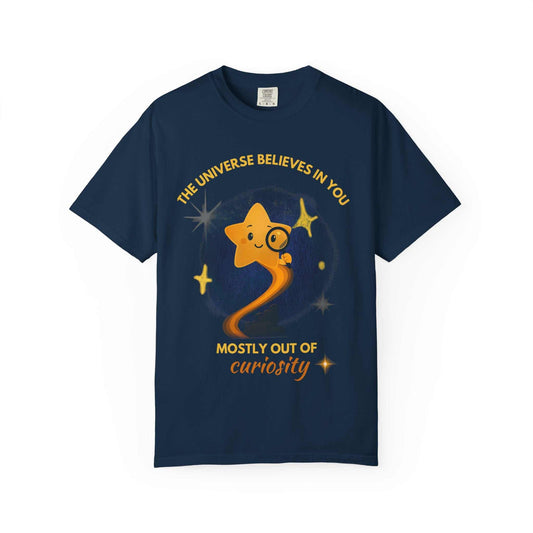 Navy blue Youniverses t-shirt with cute star, magnifying glass, and motivational text