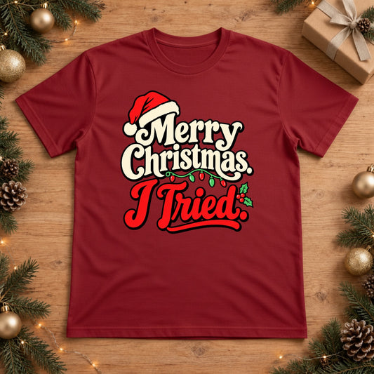 Merry Christmas I Tried Retro Santa Hat Christmas Lights T-Shirt - Red