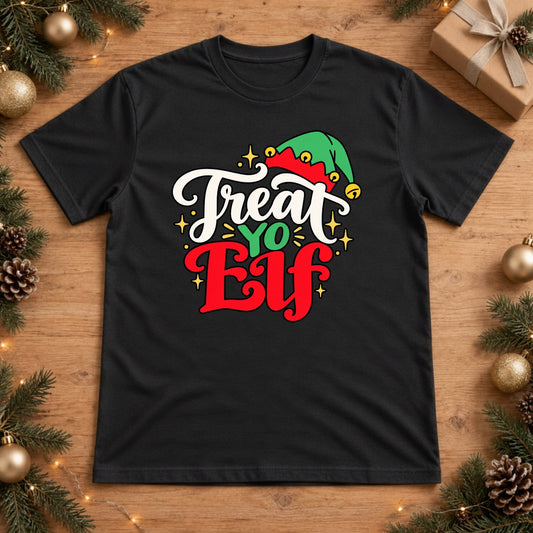 Treat Yo' Elf Retro Christmas Graphic Design - Black