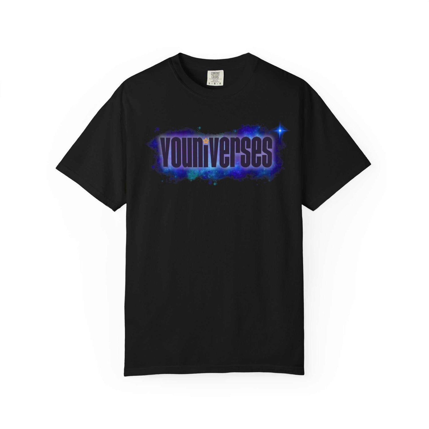 Black Youniverses t-shirt with galaxy-themed logo design, shop online for quality apparel