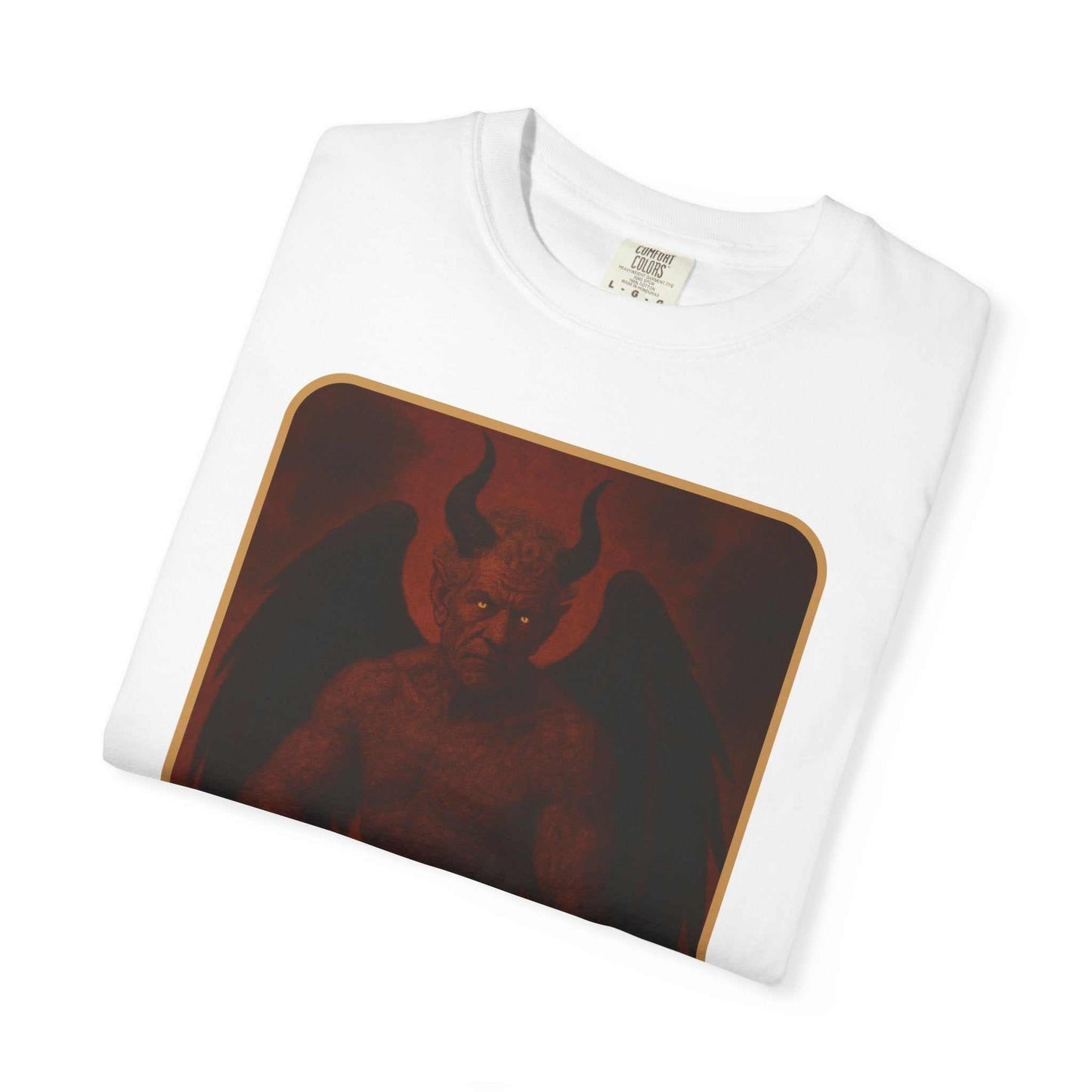 Devil Rethink Your Pride unisex white garment-dyed cotton t-shirt with vintage devil graphic design