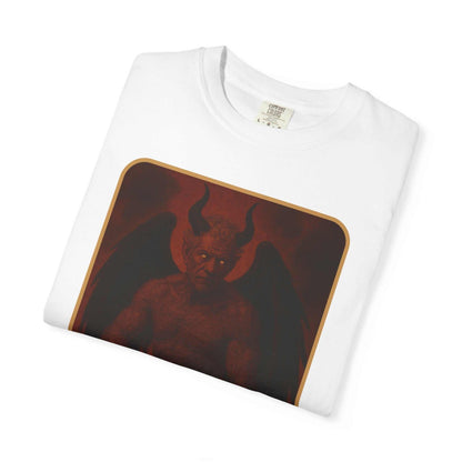 Devil Rethink Your Pride unisex white garment-dyed cotton t-shirt with vintage devil graphic design