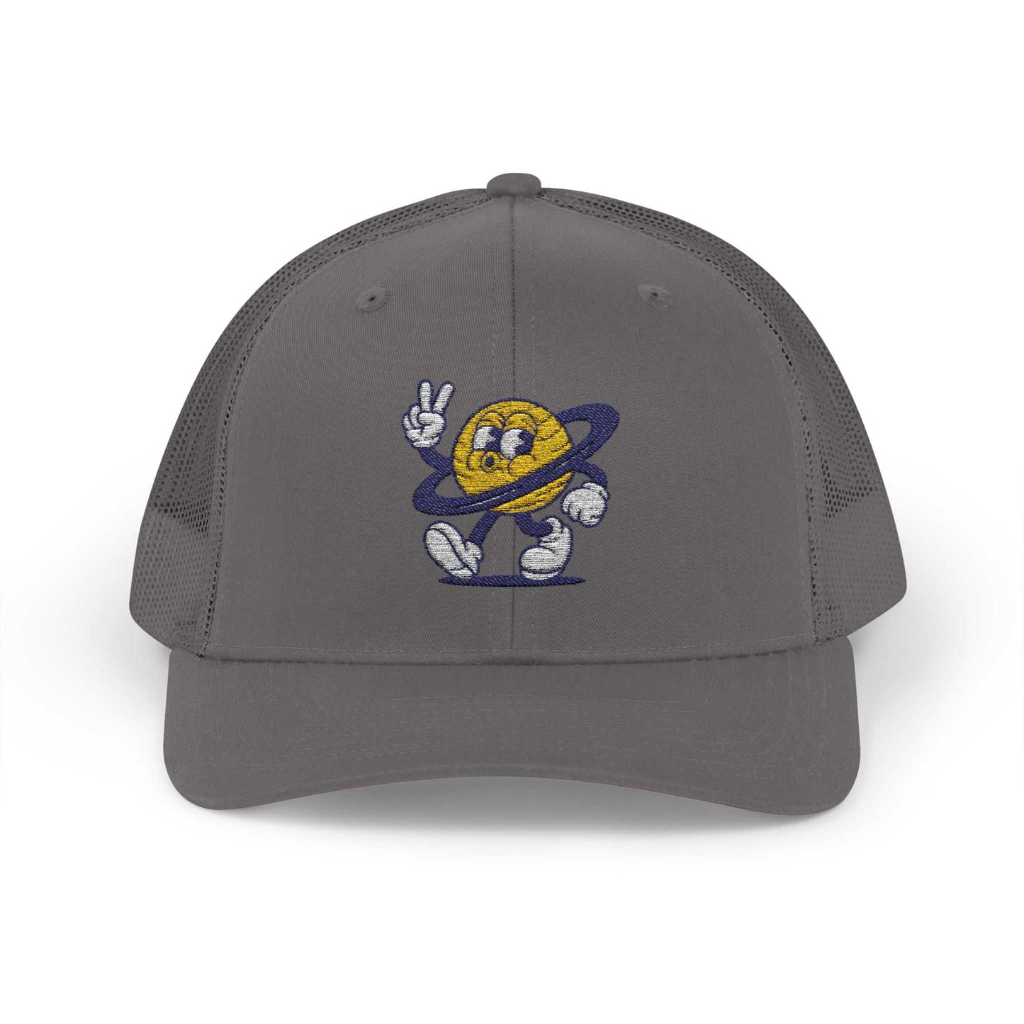 Gray Planet Smile Trucker Cap with retro cartoon planet patch and breathable mesh back