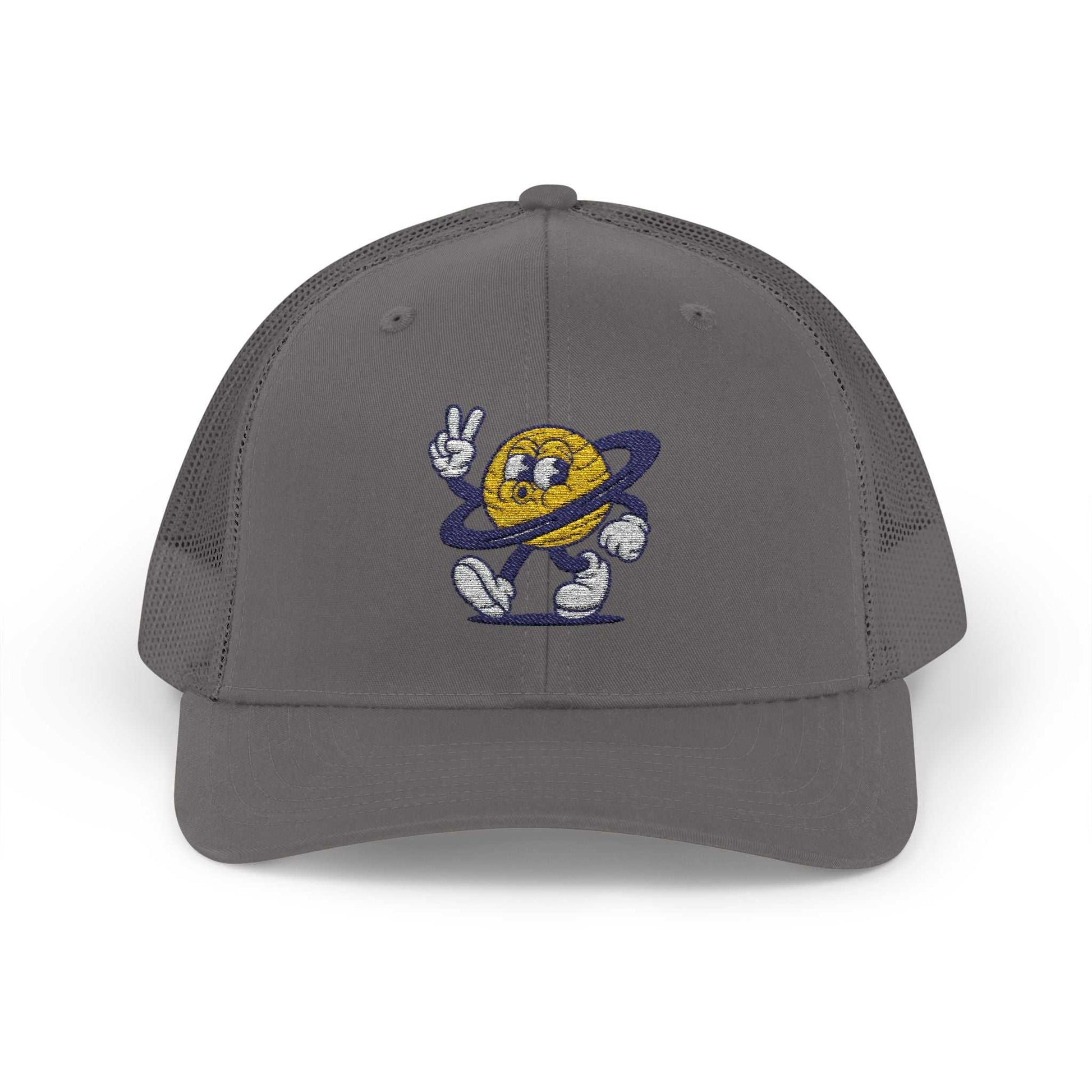 Gray Planet Smile Trucker Cap with retro cartoon planet patch and breathable mesh back