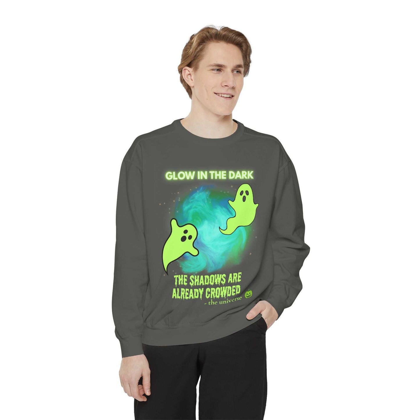 Glow in the dark sweatshirt with ghosts and space design.