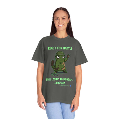 Woman wearing a Comfort Colors® Military Sloth Graphic Tee with funny battle-ready sloth design and text "Ready for battle, still losing to Mondays ... Booyah!"