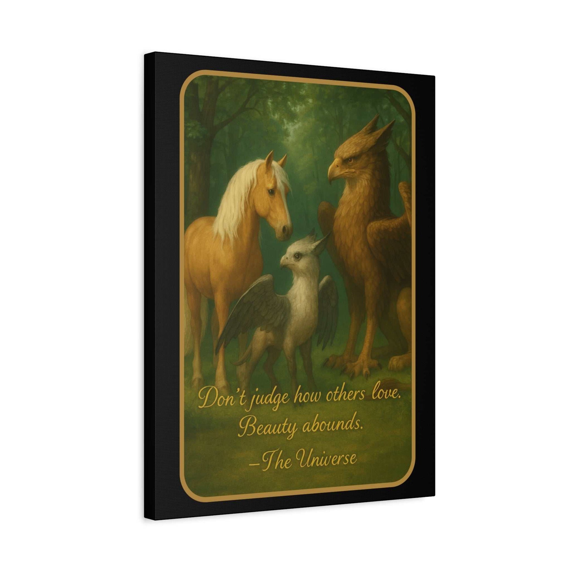 Fantasy wall art featuring a horse, baby griffin, and adult griffin in a forest with quote