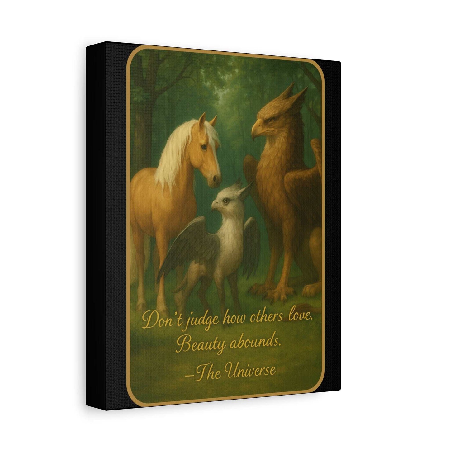 Fantasy wall art with a horse, griffin, and baby griffin in a forest, Youniverses home decor
