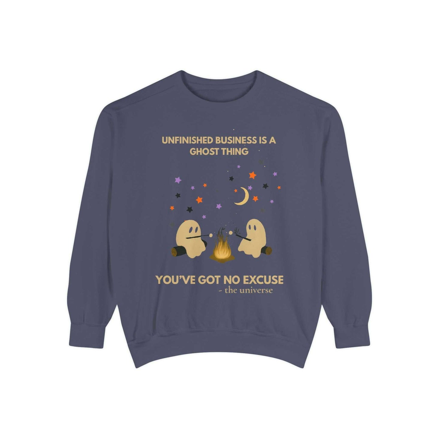 Unisex ghost Halloween sweatshirt with a campfire graphic and text.