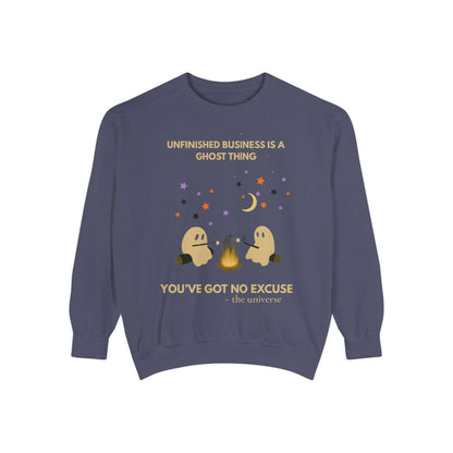 Unisex ghost Halloween sweatshirt with a campfire graphic and text.