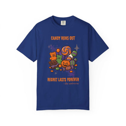 Comfort Colors Candy Nebula T-Shirt with colorful candy and pumpkin graphic on navy blue background
