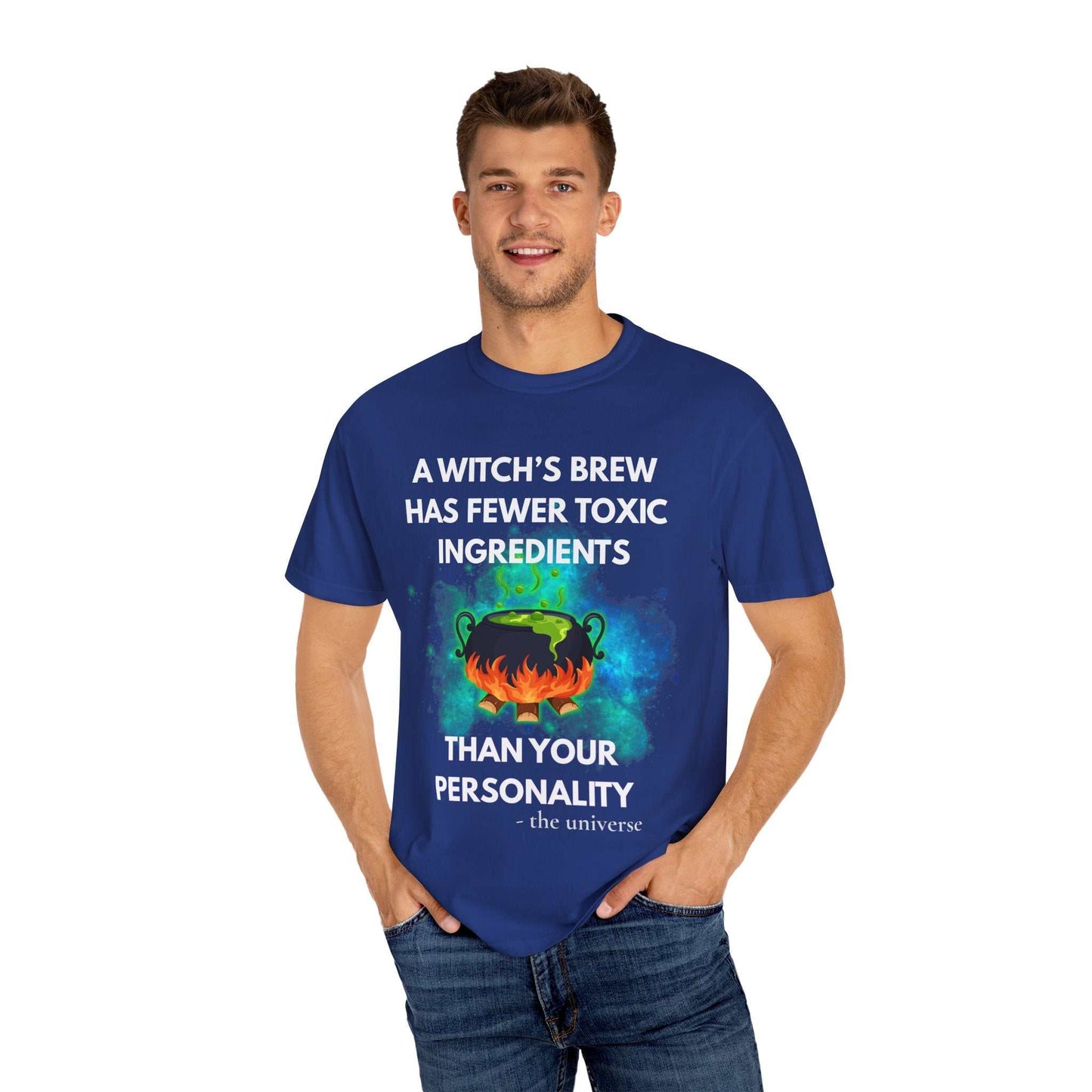 A blue t-shirt with a witch's cauldron design and text.