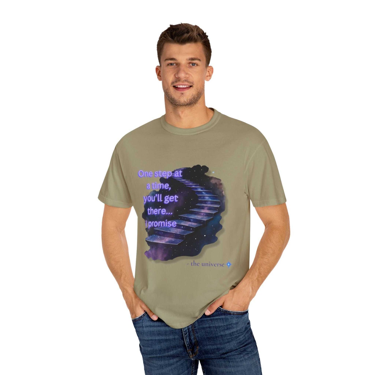 Man wearing Comfort Colors Motivational Stairway T-Shirt with starry staircase and inspirational quote design