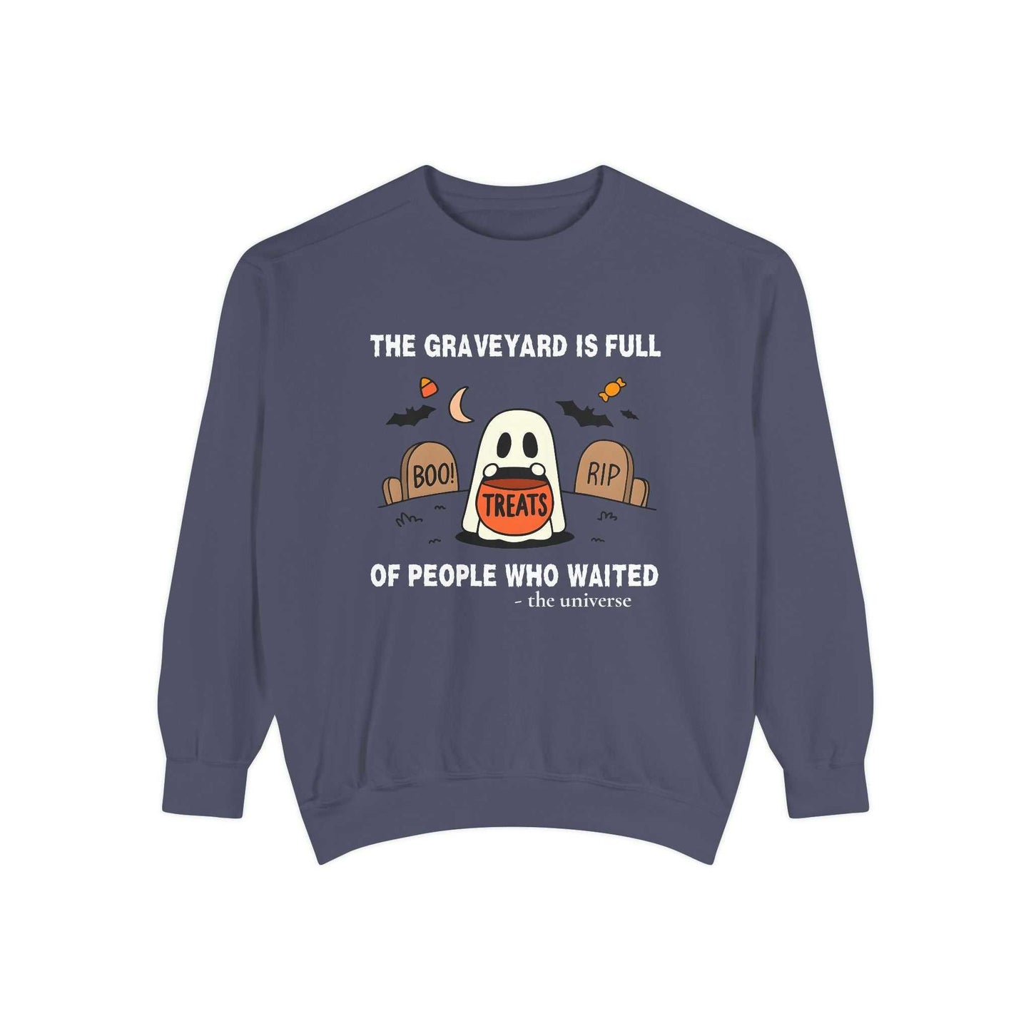 Sweatshirt with a ghost holding a treat bucket in a graveyard.