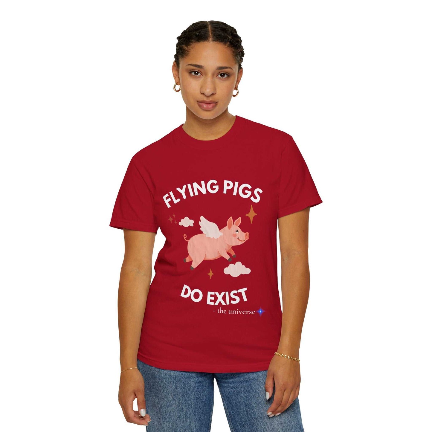 Red t-shirt with a graphic of a flying pig and text that says "Flying Pigs Do Exist".