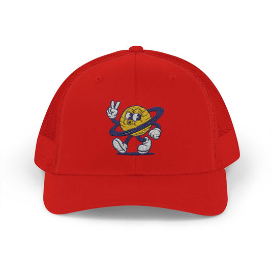 Red Planet Smile trucker cap with retro cartoon space patch and mesh back