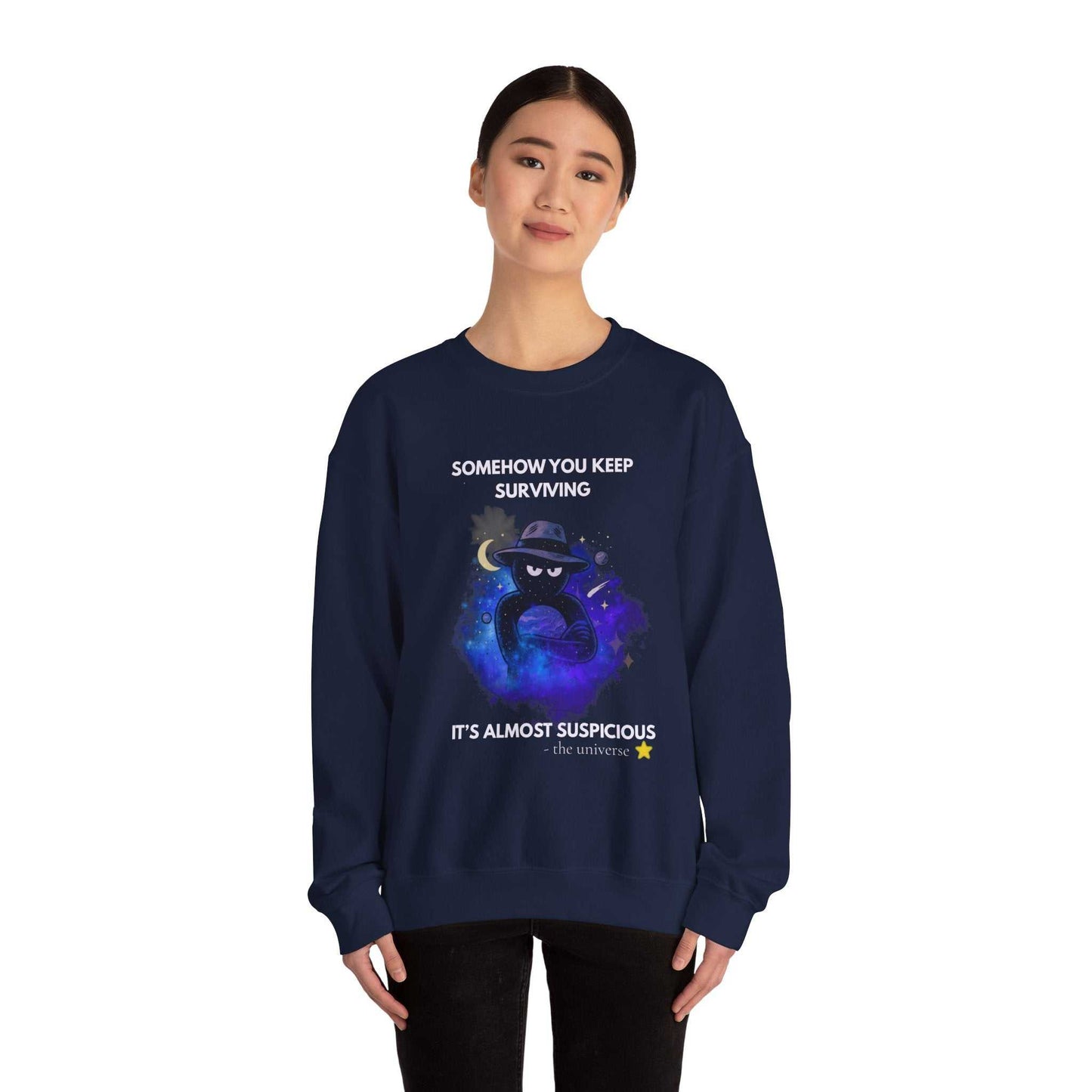 Funny Detective Sweatshirt – “It’s Almost Suspicious” Cosmic Crewneck, Unisex Black Pullover, Sarcastic Universe Gift for Mystery Lovers