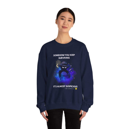Funny Detective Sweatshirt – “It’s Almost Suspicious” Cosmic Crewneck, Unisex Black Pullover, Sarcastic Universe Gift for Mystery Lovers