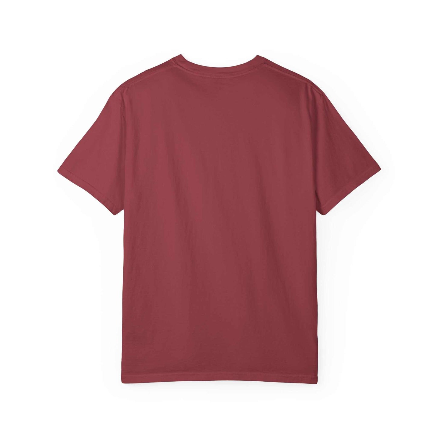 Back view of a plain maroon t-shirt.