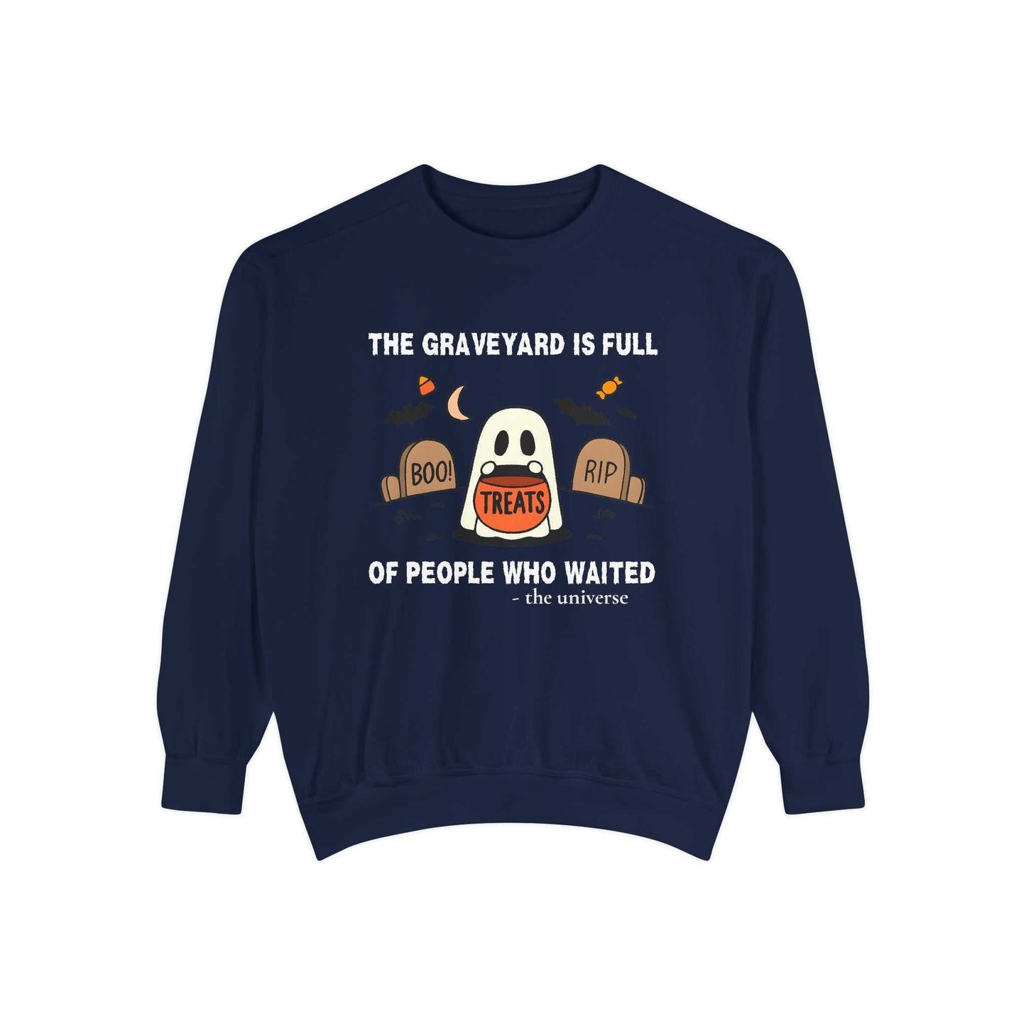 Sweatshirt with a Halloween design of a ghost in a graveyard holding treats.